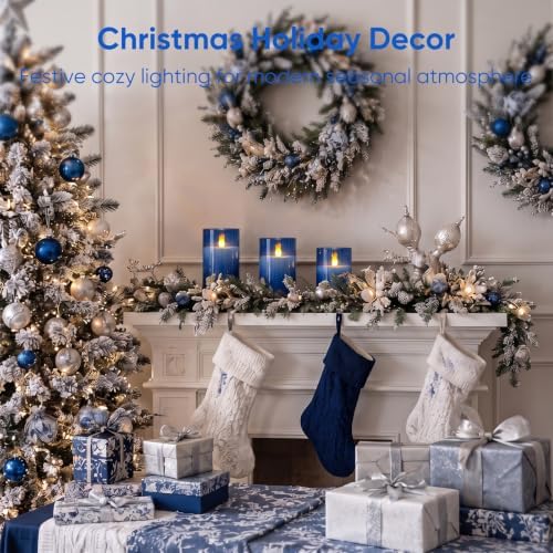 Homemory Blue Flameless LED Pillar Candles with Remote Timer, Set of 3