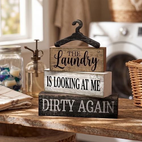 Moucuny 4 Pcs Farmhouse Laundry Room Decor and Accessories Stacked Blocks