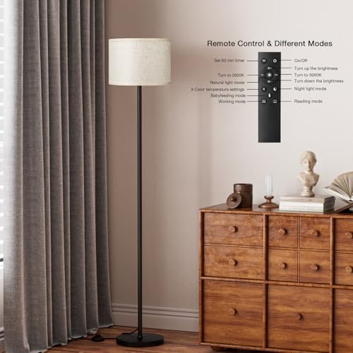 Ambimall 60'' Modern Floor Lamp with Remote, Tall Lamps for Living Room, Bedroom, Office, Dining Room, Beige Shade with