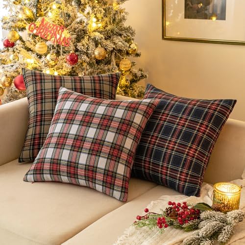 MIULEE Christmas Plaid Pillow Covers Scottish Tartan 18x18 Red and White