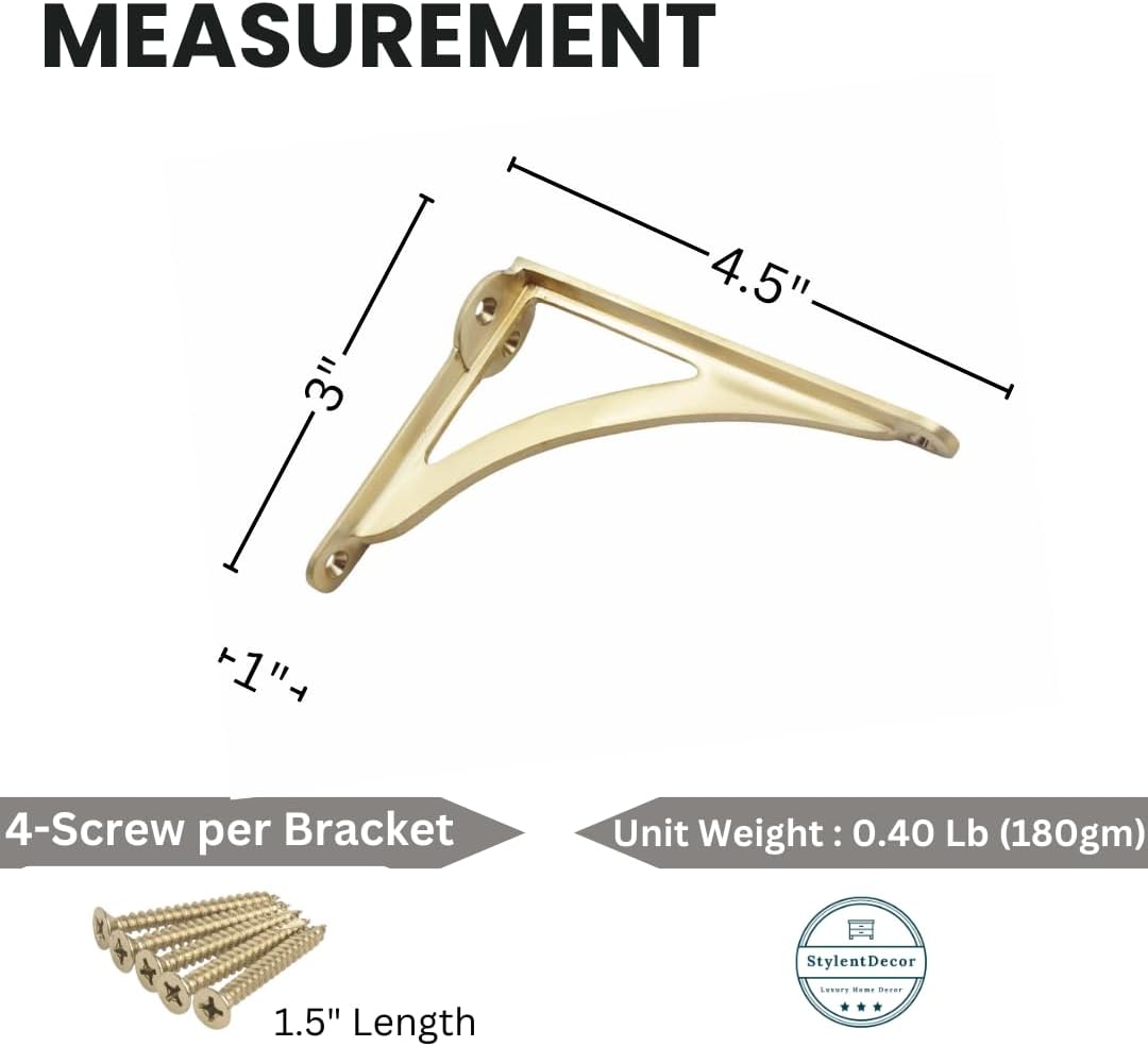 Heavy Duty and Antique Shelf Bracket for Shelving Modern L Shaped / Brass Brushed / 4.5 Inches