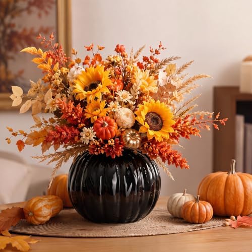 FoldTier Black Pumpkin Fall Flower Vase 5.5" Ceramic Pumpkin Flower Pot