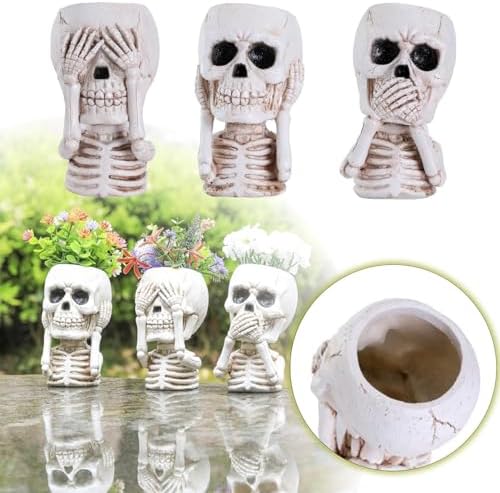JOYO Halloween Planter Pot Decor - Skeleton Flower Planter Pot,Pumpkin Bucket Vase,Cute Skull Bucket Vase,Skull Candy Bowl Gothic Ornaments for Home Indoor Outdoor Garden (02 Cute Skull)