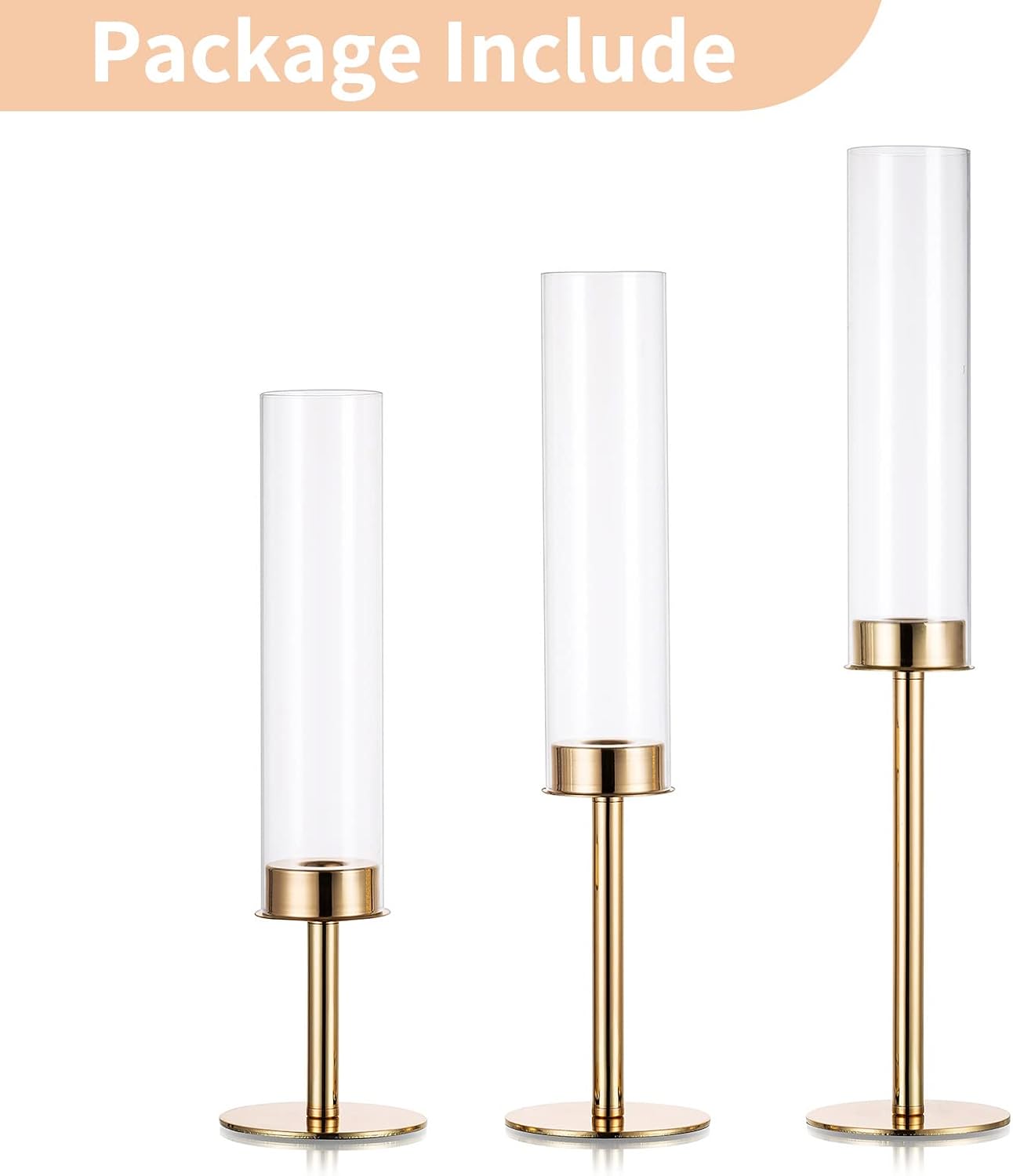 Nuptio Gold Candlestick Holder Tall Hurricane Candle Holder Set of 3 Taper Candle Holders Candle Stand Glass Cover
