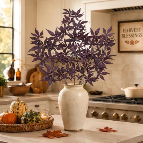 Hollyone 3Pcs Fall Leaf Stems Artificial Japanese Maple Leaves Branches Fake Fall Stems Plants Faux Maple Shrubs Leaf Bushes for Home Decor Autumn Halloween Thanksgiving Festival Decorations Burgundy