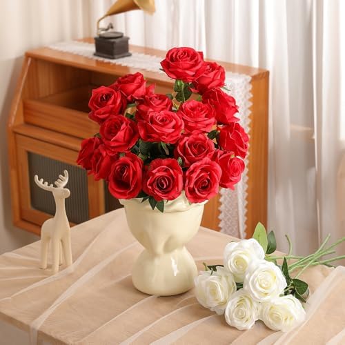 10pcs Red Roses Artificial Flowers, Realistic Faux Rose with Long Stem