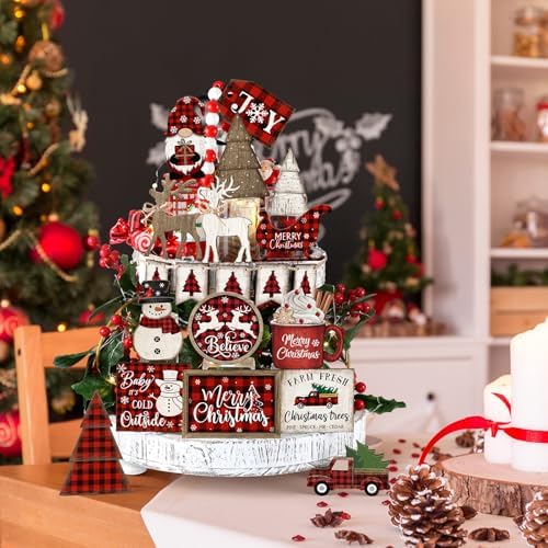 Shellwei 21 Pcs Christmas Tiered Tray Decor Set Wood Rustic Buffalo Plaid Christmas Decoration Winter Farmhouse Decor Xmas Trees Gnome Elk Snowflake Signs for Table Shelf Home Centerpiece (Plaid)