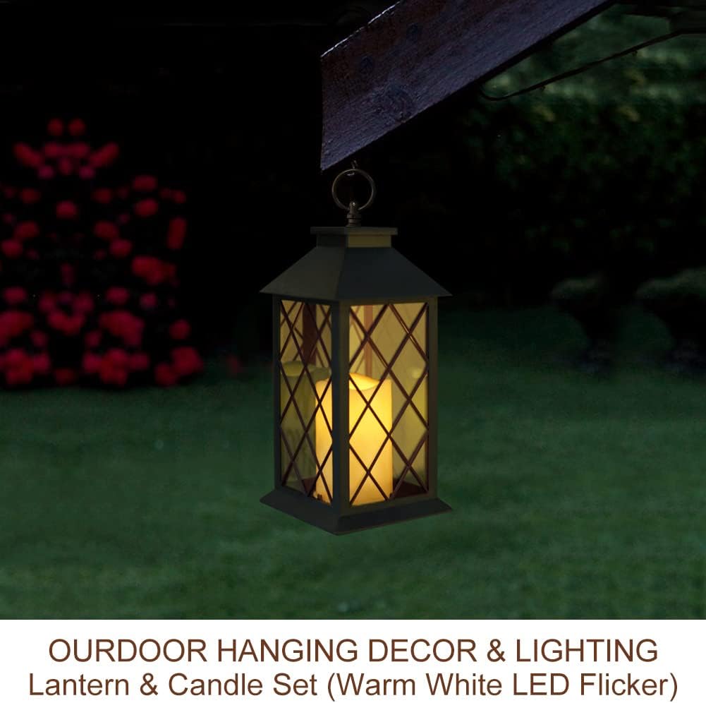 13.5" Black Vintage Candle Lantern with LED Pillar Candle and Timer - IP44 Waterproof Porch Light - Tabletop Lantern