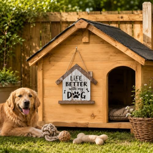 Smile Pet Wooden House Shaped Door Hanger,Life is Better with My Dog and Dog Paw Print Bone Door Sign for Pet Lover Home Front Door Porch Wall Decorations