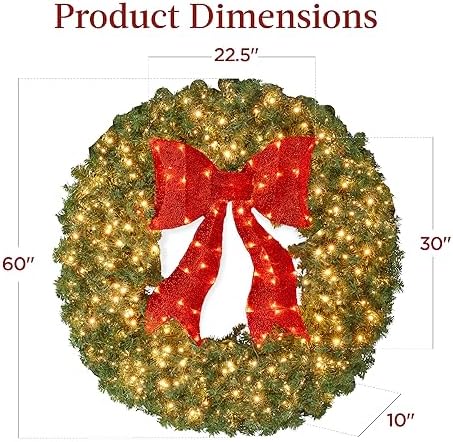 Best Choice Products 60in Large Artificial Pre-Lit Fir Christmas Wreath Holiday Accent Decoration for Door, Mantel w/Red Lighted Bow, 375 LED Lights, 930 PVC Tips, Power Plug-in