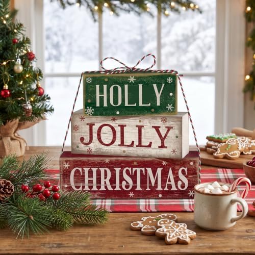 Moucuny 4 Pcs Christmas Table Decoration for Home Rustic Jolly Stacked Sign