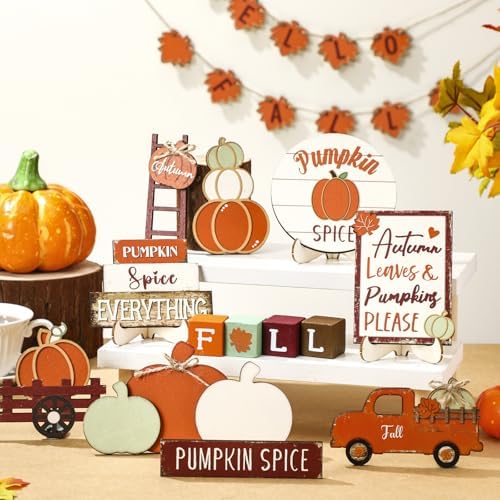 Maitys 21pcs Fall Tiered Tray Decor Set, Hello Fall Thanksgiving Pumpkin Wooden Signs Gnome Truck Wood Maple Leaf Garland Rustic Farmhouse Table Centerpieces for Autumn Thanksgiving Kitchen Home Decor
