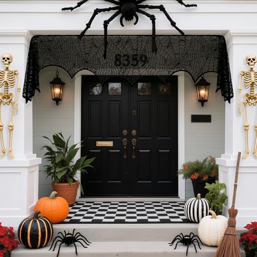 2 Pcs Halloween Mantle Scarf, Black Lace Spiderweb Fireplace Mantel Scarf, Halloween Fireplace Decor Cover Garland for Door Window Indoor Curtain Festive Party Supplies, 18 x 83 Inch