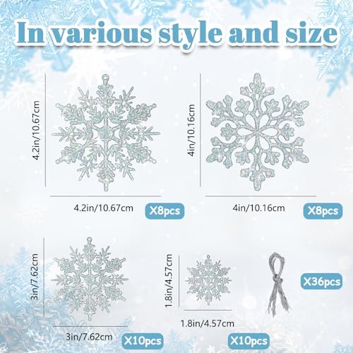 36pcs Iridescent Silver Christmas Snowflake Ornaments, Plastic Sparkling Glitter Hanging Snow Flakes for Christmas Tree Decorations Winter Wonderland Frozen Birthday Party Holiday Home Decor