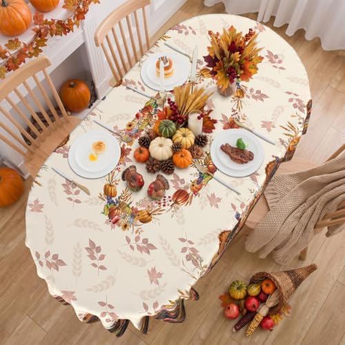 Thanksgiving Tablecloth Oval 60 x 102 Inch, Stain Resistant Machine Washable Fabric Polyester Turkey Harvest Table Cloth Oval Thanksgiving Tablecloth Table Cover for Kitchen Dining Party