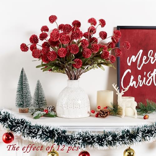 SITUMEIZI Red Faux Silk Pompon Mum Artificial Red Flowers Fake Mini Chrysanthemum Flowers Mums 6Pcs for Christmas Home Party Wedding Decorations