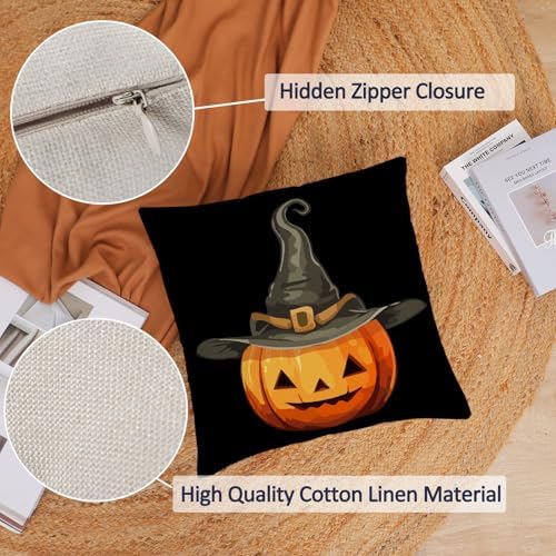 YeeJu Set of 4 Halloween Pillow Covers 18x18 Inch Cute Ghost Pumpkin Decor Throw Pillow Covers Black Plaid Happy Halloween Cushion Covers Linen Pillow Cases for Home Outdoor Sofa Couch (18 by 18)