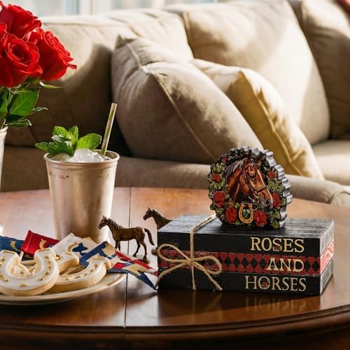 Smile Horses and Roses Wooden Block Decor Set, 4-Piece Horse Head Wreath & Themed Tiered Tray Tabletop Signs for Horse Racing Party Decorations