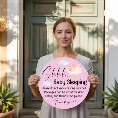 Baby Girl Sleeping Wood Hanging Sign for Front Door, Do Not Knock or Ring Doorbell House Welcome Sign