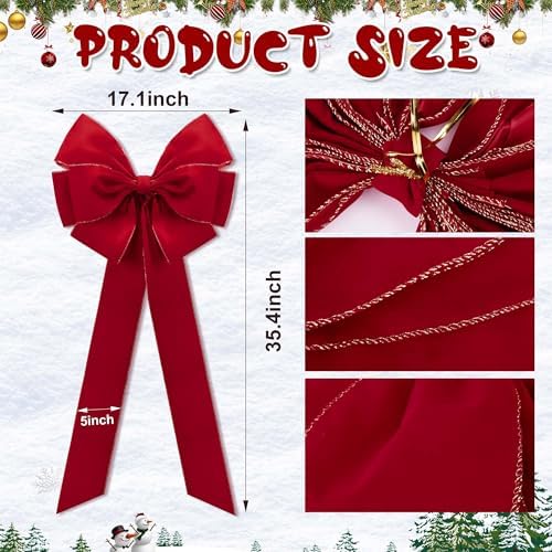4 Pcs Large Christmas Bow, 35" x 17" Red Velvet Golden Edged Bows