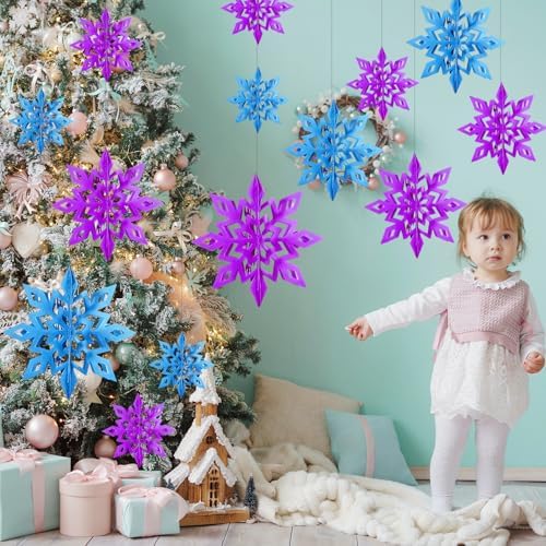 Whaline 18Pcs Christmas Hanging Decorations Purple Blue 3D Snowflake Paper Ornaments with String Large Snowflake Pendant Garlands for Xmas Winter Wonderland Party Home Ceiling