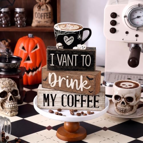Moucuny 4 Pcs Halloween Coffee Wood Blocks Tiered Tray Decor Farmhouse