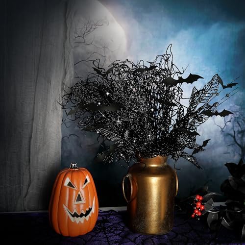 24 Pcs Artificial Halloween Branches Picks Ornaments with 12 Pcs Bats