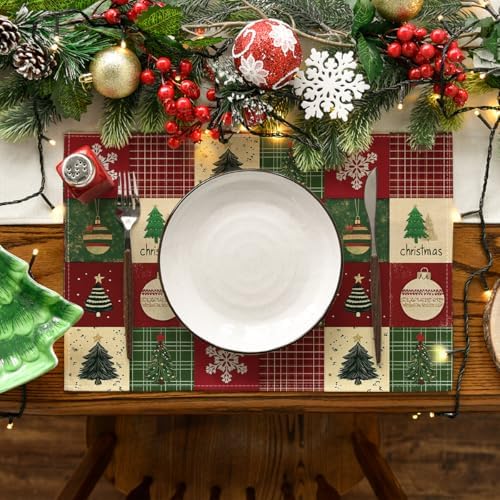 Artoid Mode Xmas Trees Christmas Balls Placemats Set of 4, 12x18 Inch Table Mats for Winter New Year Holiday Party Kitchen Dining Decoration