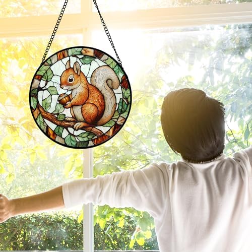 Red Squirrel with Acorn Stained Glass Window Hanging Suncatcher Gift 6.3"