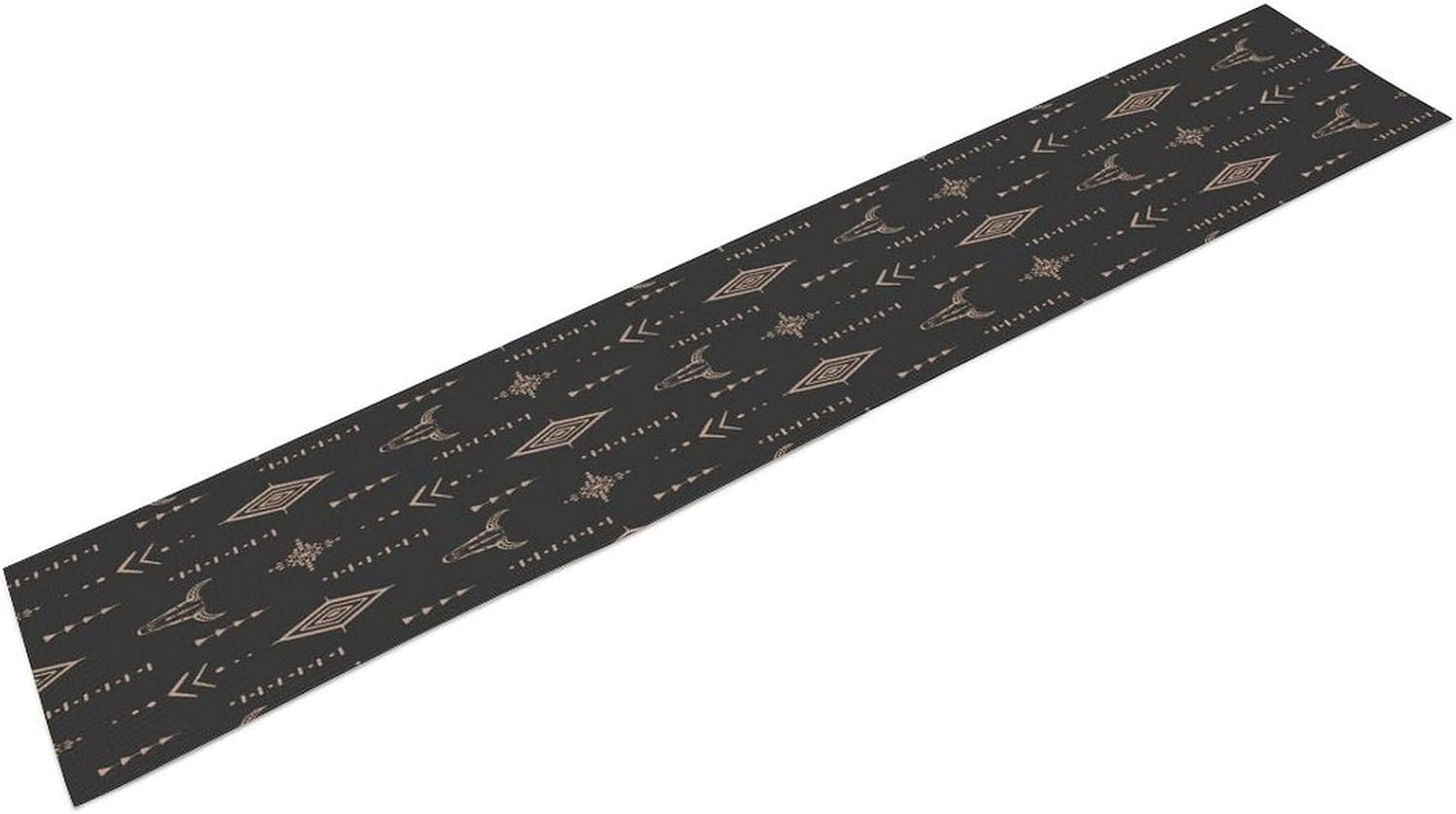 Western Cow Skull Table Runner,Vintage Western Boho Style Aztec Cow Ethnic Background Minimalist Pattern Printed Linen