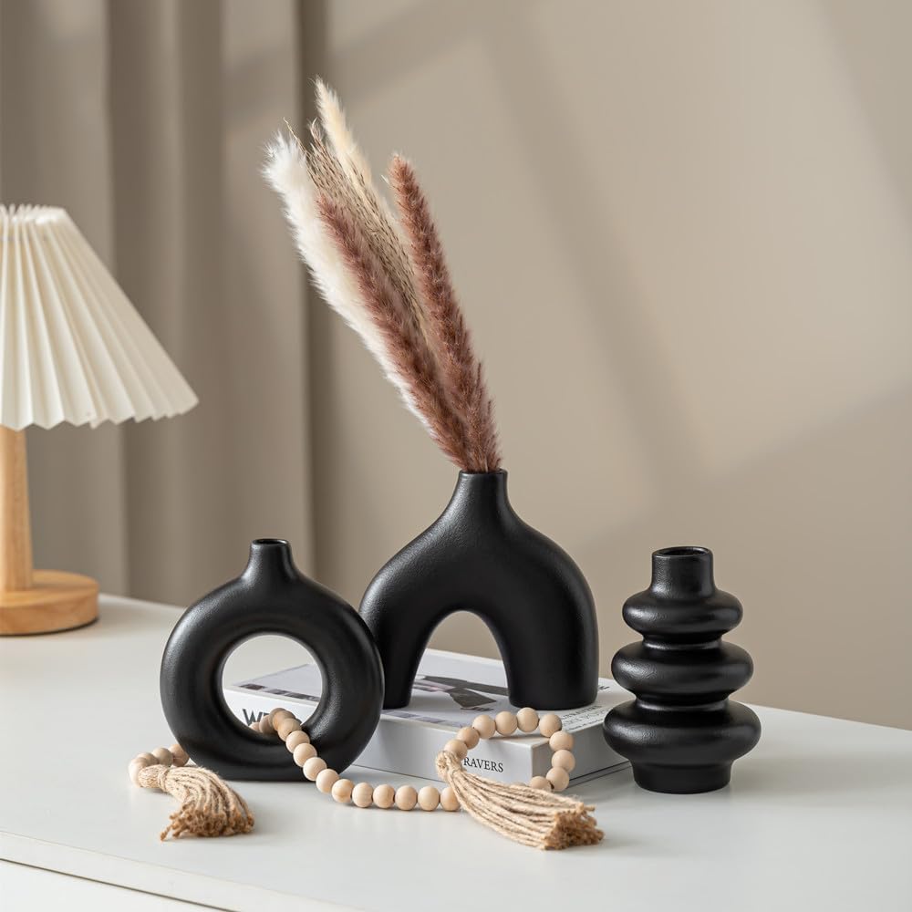 White Ceramic Vase / Black Set / Set of 3