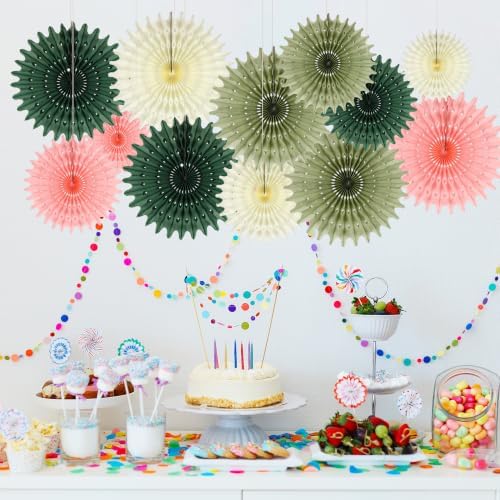 BestoFun 12PCS Pink Sage Green Hanging Paper Fans Decoration – Thin Tissue Paper Honeycomb Fan Ornaments, Hanging Fans for Wedding, Birthday, Baby Shower, Home & Party Décor