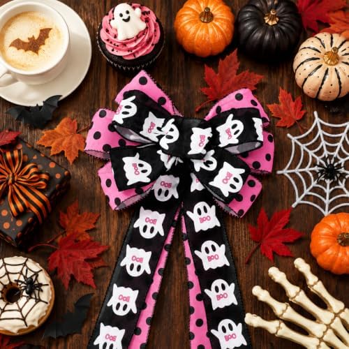 JarThenaAMCS Halloween Wreath Bow Ghost Boo Polka Dots Wired Edge Bow Pink Black Fabric Craft Bowknot for Front Door Tree Topper Indoor Outdoor Decor, 11 x 20.3 Inch