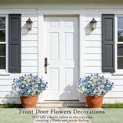 16PCS UV Resistant Artificial Flowers for Outdoors, White + Blue