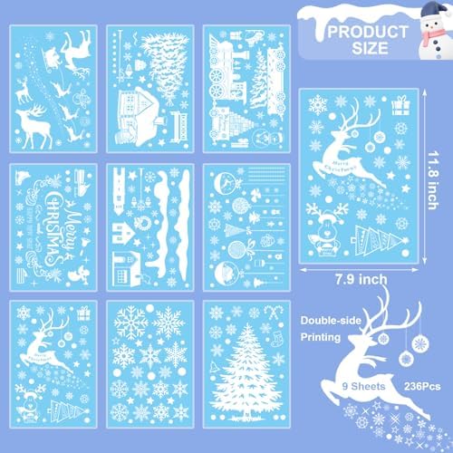 NEWMIAO Christmas Window Cling Stickers, 9 Sheets White Window Clings Reindeer Snowflake Santa Claus Christmas Tree Snowman Xmas Decals for Holiday Decorations Home Decor Party Supplies