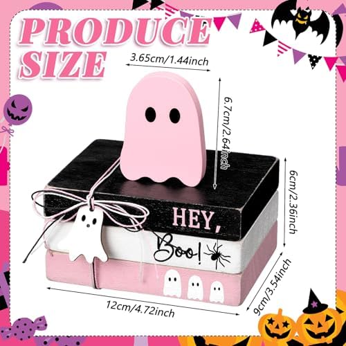 GlikCeil 4 Pcs Halloween Ghost Table Decorations Spooky Wooden Signs,Pink