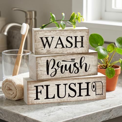 Moucuny 3 Pcs Bathroom Decor Wooden Block Signs Farmhouse Rustic