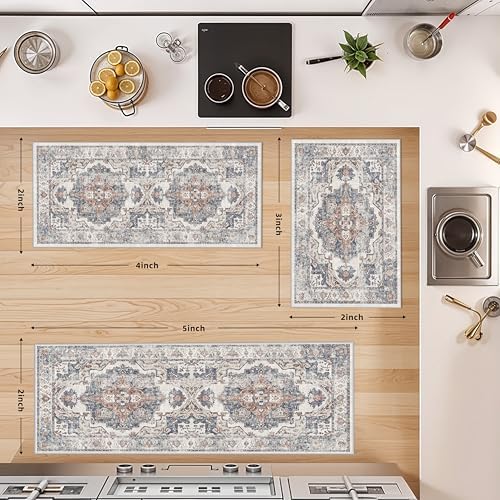 Washable Kitchen Rug Set of 3: Boho Non-slip Soft Stove Sink Mat Light Weight Stain Resistant Carpet for Dog Bowl Area