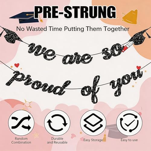 Graduation Decorations 2026 2027 | Pre-Strung Class of 2026 Graduation Banner, Black Glitter We are So Proud of You Grad Banner for Graduations Party Decorations Favors Supplies School Home Car Decorations