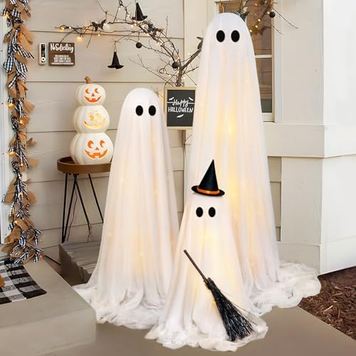 Halloween Decorations Outdoor - Set of 3 Light Up Ghosts with Timer Remote