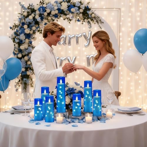 Raycare Flameless Battery Operated Pillar Candles with Remote Timer, Blue