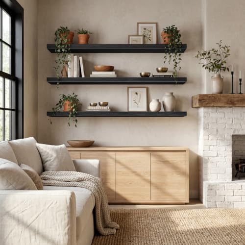 QEEIG 12" Deep Floating Shelves for Wall (Black, Set of 3, 47.2" x 12")