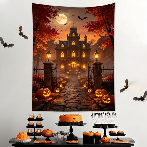 LB Fall Halloween Tapestry Horror Pumpkin Haunted House Wall Tapestry Red Maple Tree Black Bat Night Moon Tapestries Wall Hanging for Bedroom Living Room Dorm Decor, 51Wx59H inches