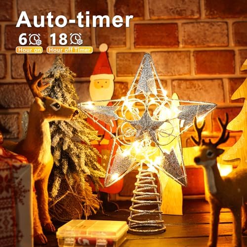 Brizled Silver Christmas Tree Topper, 8" Hollow-Out Xmas Star with 20 LED