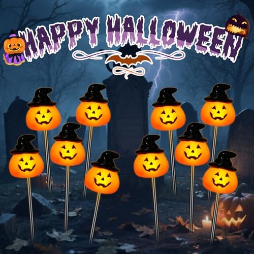 BRIGHTDECK Halloween Solar Pathway Lights Outdoor, LED Decor, Light Up Solar Stake Lights for Holiday, Halloween, Walkway, Sidewalk (Hat Pumpkin, 20-Pack)