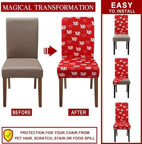 Valentine's Day Chair Covers for Dining Room Set of 4 Valentines Heart Dining Chair Slipcovers 4 Pcs Stretch Removable Washable Seat Protector 4 Pack for Valentine Home and Party Decor