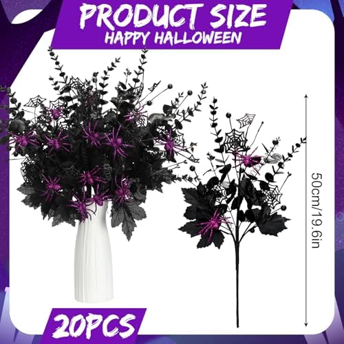 Giegxin 20 Pcs Halloween Floral Picks Halloween Decorations 19.5inch Black Artificial Flowers Branches Eucalyptus Stems Glitter Spiderweb Maple Leaf Stems for Home Indoor Party Vase Arrangement Decor