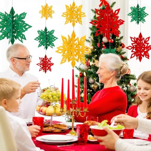 Whaline 18Pcs Christmas Hanging Decorations Red Green Gold 3D Snowflake Paper Ornaments with String Large Snowflake Pendant Garlands for Xmas Winter Wonderland Party Home Ceiling
