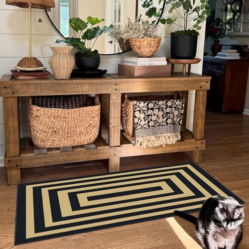 Front Door Mat Indoor Entrance - 2x4.3 Modern Black Tan Striped Rug