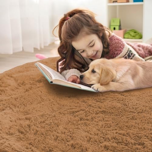 OLANLY Khaki Round Rugs for Bedroom - Machine Washable, 8 ft Circle Area Rugs for Living Room, Soft and Fluffy Shaggy
